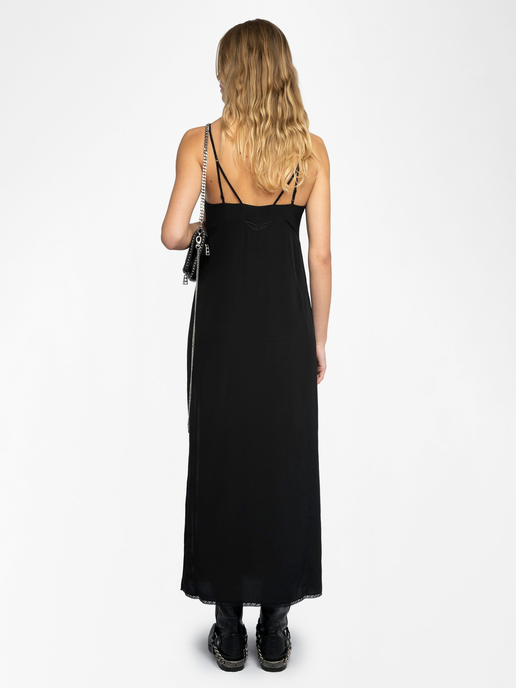 Ramelil Dress 100% Silk - Long silk slip-style dress with slit, adjustable straps embellished with rhinestones, embroidered wings on the back, and lace detailing.